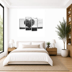 LR Floral Love Heart Wall Art Picture – Grey & White Tree Framed 4 Panel Split Canvas Print | Ready to Hang | Modern Wall Art for Living Room, Bedroom & Office