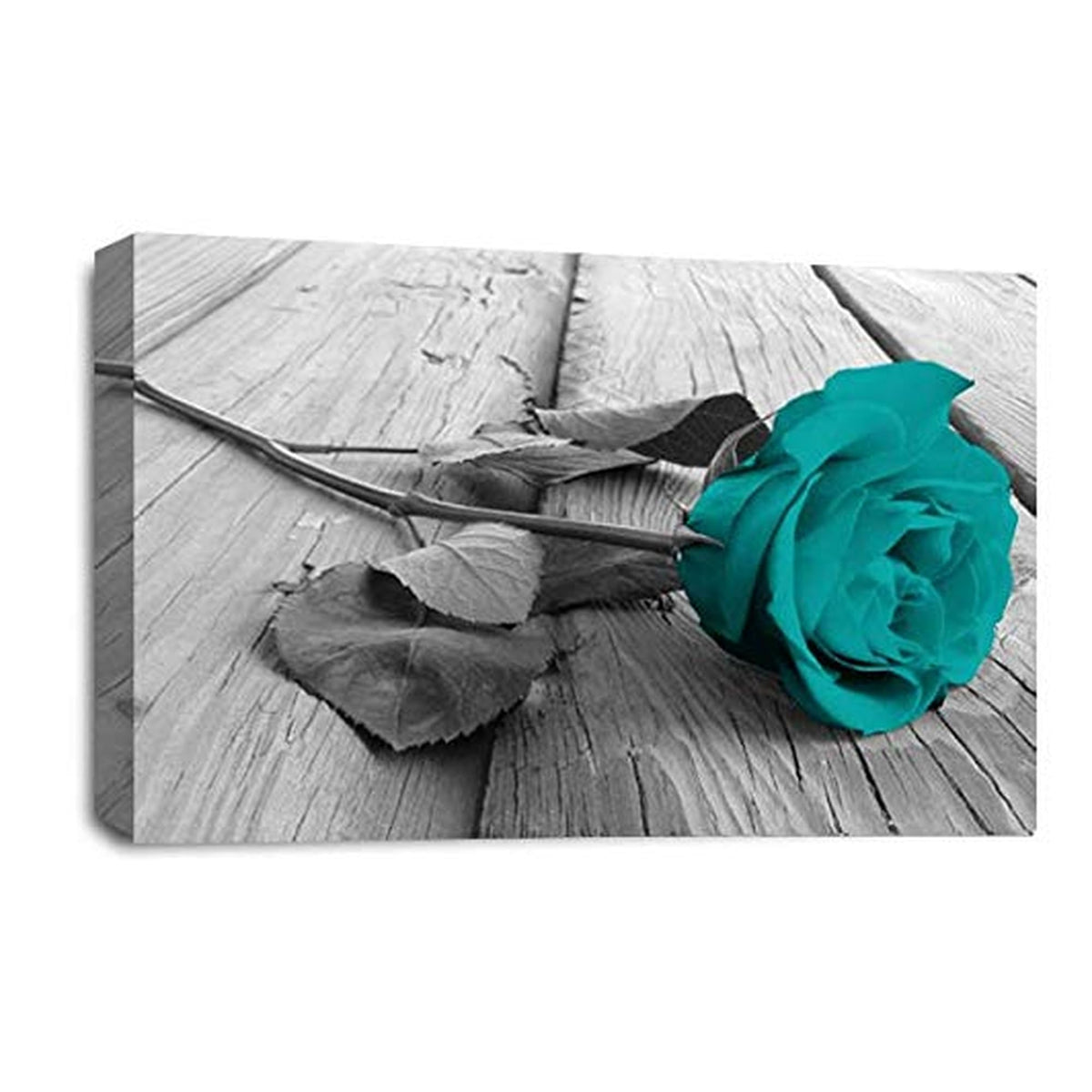 LR Floral Teal Rose Wall Art Picture – Grey & White Framed Canvas Print | Ready to Hang | Modern Wall Art for Living Room, Bedroom & Office