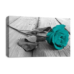 LR Floral Teal Rose Wall Art Picture – Grey & White Framed Canvas Print | Ready to Hang | Modern Wall Art for Living Room, Bedroom & Office