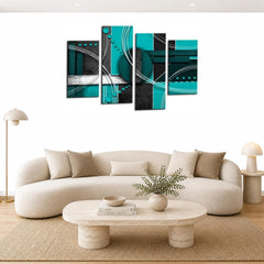 LR Abstract Wall Art Picture – Grey, Teal & White Modern Framed 4 Panel Split Canvas Print | Ready to Hang | Modern Wall Art for Living Room, Bedroom & Office