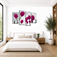 LR Floral Rose Tulip Wall Art Picture – Purple & Grey Framed 4 Panel Split Canvas Print | Ready to Hang | Modern Wall Art for Living Room, Bedroom & Office