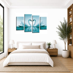 LR Love Swans Wall Art Picture – Teal & White Heart Framed 4 Panel Split Canvas Print | Ready to Hang | Modern Wall Art for Living Room, Bedroom & Office