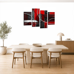LR Abstract Wall Art Picture – Grey, Red & White Modern Framed 4 Panel Split Canvas Print | Ready to Hang | Modern Wall Art for Living Room, Bedroom & Office