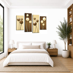 LR Floral Rose Wall Art Picture – Cream & Brown Framed 4 Panel Split Canvas Print | Ready to Hang | Modern Wall Art for Living Room, Bedroom & Office