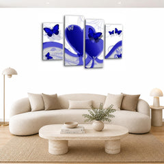 LR Butterfly Heart Wall Art Picture – Blue & White Floral Abstract Framed 4 Panel Split Canvas Print | Ready to Hang | Modern Wall Art for Living Room, Bedroom & Office