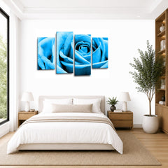 LR Floral Blue Rose Wall Art Picture Framed 4 Panel Split Canvas Print | Ready to Hang | Modern Wall Art for Living Room, Bedroom & Office