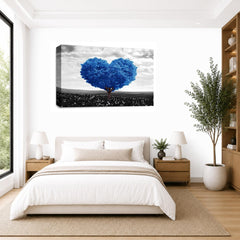 LR Floral Love Heart Tree Wall Art Picture – Grey & Blue Framed Canvas Print | Ready to Hang | Modern Wall Art for Living Room, Bedroom & Office