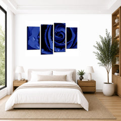 LR Floral Grey Rose Wall Art Picture – Blue Framed 4 Panel Split Canvas Print | Ready to Hang | Modern Wall Art for Living Room, Bedroom & Office