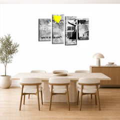 LR Banksy Wall Art Picture – Grey & Yellow Graffiti Art Framed 4 Panel Split Canvas Print | Ready to Hang | Modern Wall Art for Living Room, Bedroom & Office