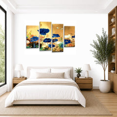 LR Floral Rose Poppy Wall Art Picture – Blue & Cream Framed 4 Panel Split Canvas Print | Ready to Hang | Modern Wall Art for Living Room, Bedroom & Office