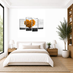LR Floral Love Heart Wall Art Picture – Grey & Orange Tree Framed 4 Panel Split Canvas Print | Ready to Hang | Modern Wall Art for Living Room, Bedroom & Office