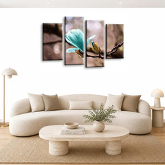 LR Floral Rose Wall Art Picture – Grey & Teal Framed 4 Panel Split Canvas Print | Ready to Hang | Modern Wall Art for Living Room, Bedroom & Office