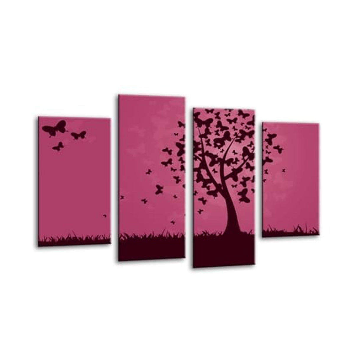 LR Floral Abstract Wall Art Picture – Purple & Grey Butterfly Framed 4 Panel Split Canvas Print | Ready to Hang | Modern Wall Art for Living Room, Bedroom & Office