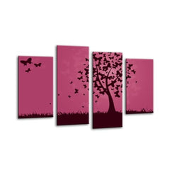 LR Floral Abstract Wall Art Picture – Purple & Grey Butterfly Framed 4 Panel Split Canvas Print | Ready to Hang | Modern Wall Art for Living Room, Bedroom & Office