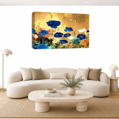 LR Floral Rose Poppy Wall Art Picture – Blue & Cream Framed Canvas Print | Ready to Hang | Modern Wall Art for Living Room, Bedroom & Office