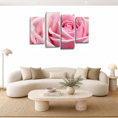 LR Floral Pink Rose Love Art Wall Art Picture – Grey & White Framed 4 Panel Split Canvas Print | Ready to Hang | Modern Wall Art for Living Room, Bedroom & Office