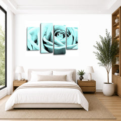 LR Floral Duck Egg Rose Wall Art Picture Framed 4 Panel Split Canvas Print | Ready to Hang | Modern Wall Art for Living Room, Bedroom & Office