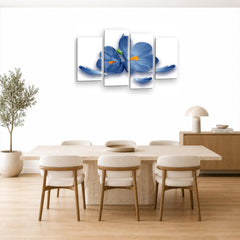 LR Floral Rose Orchid Wall Art Picture – Blue & White Framed 4 Panel Split Canvas Print | Ready to Hang | Modern Wall Art for Living Room, Bedroom & Office