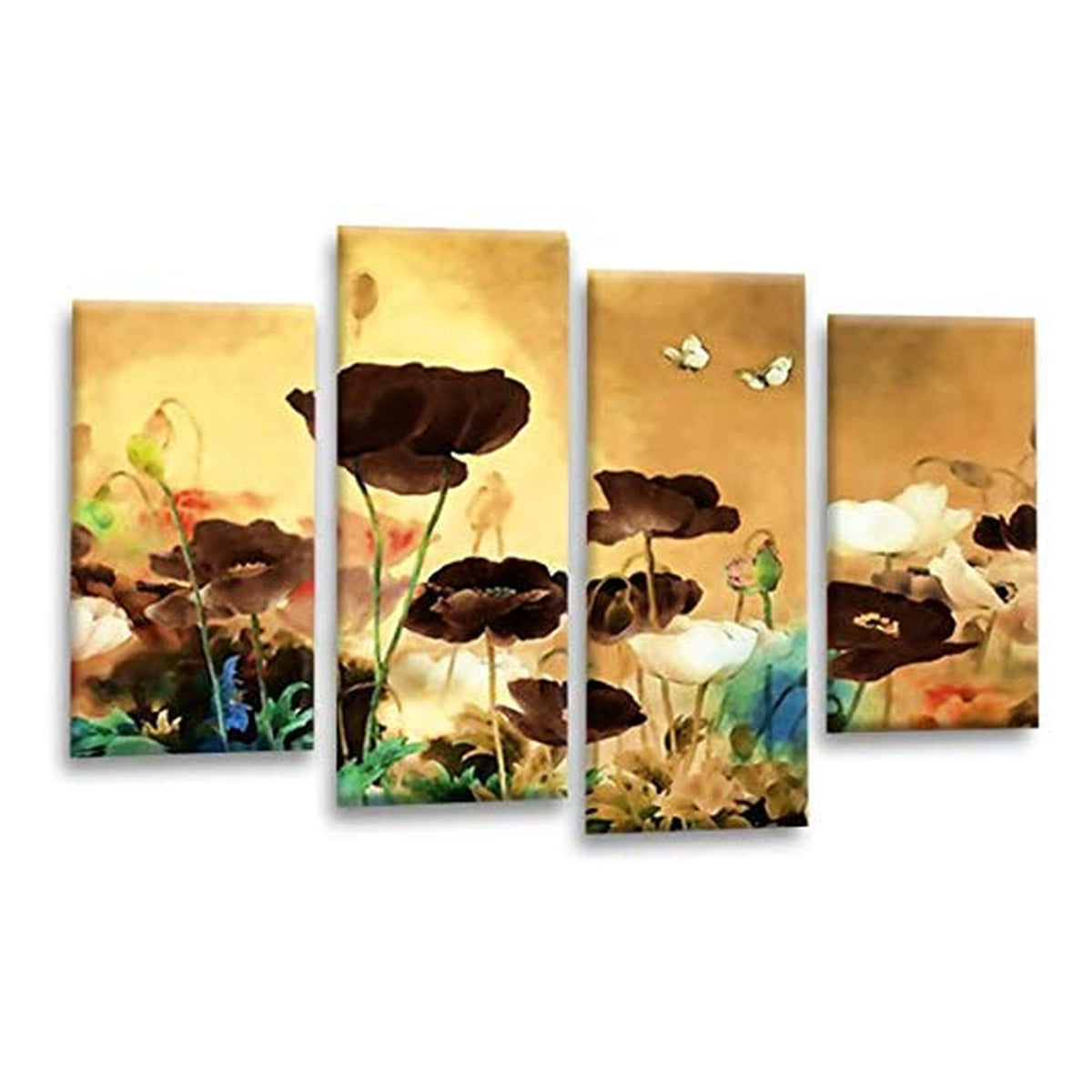 LR Floral Rose Poppy Wall Art Picture – Cream & Brown Framed 4 Panel Split Canvas Print | Ready to Hang | Modern Wall Art for Living Room, Bedroom & Office