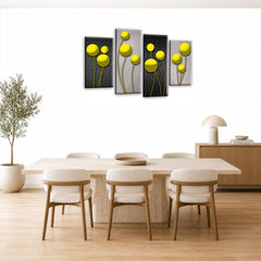 LR Yellow Floral Rose Wall Art Picture – Grey Framed 4 Panel Split Canvas Print | Ready to Hang | Modern Wall Art for Living Room, Bedroom & Office