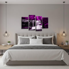 LR Waterfall Forest Wall Art Picture – Purple, Grey & White Framed 4 Panel Split Canvas Print | Ready to Hang | Modern Wall Art for Living Room, Bedroom & Office