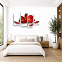 LR Floral Rose Orchid Wall Art Picture – Red & White Framed 4 Panel Split Canvas Print | Ready to Hang | Modern Wall Art for Living Room, Bedroom & Office