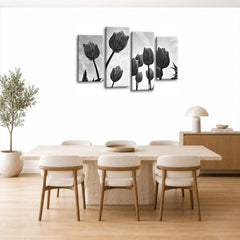 LR Floral Rose Tulip Wall Art Picture – Grey & White Framed 4 Panel Split Canvas Print | Ready to Hang | Modern Wall Art for Living Room, Bedroom & Office