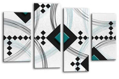 LR Abstract Wall Art Picture Black White Teal Stripes Checks Framed Split Panel Print Ready to Hang