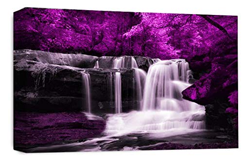 LR Purple Waterfall Wall Art Picture – Grey & White Forest Framed Canvas Print | Ready to Hang | Modern Wall Art for Living Room, Bedroom & Office