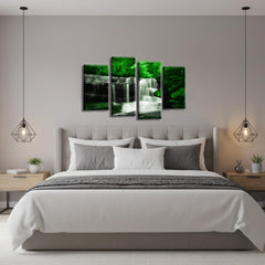 LR Waterfall Green Wall Art Picture – Grey & Forest Framed 4 Panel Split Canvas Print | Ready to Hang | Modern Wall Art for Living Room, Bedroom & Office