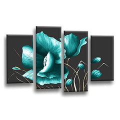 LR Floral Rose Teal Wall Art Picture Framed 4 Panel Split Canvas Print | Ready to Hang | Modern Wall Art for Living Room, Bedroom & Office