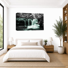 LR Duck Egg Waterfall Wall Art Picture – Grey, White & Forest Framed Canvas Print | Ready to Hang | Modern Wall Art for Living Room, Bedroom & Office
