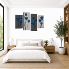 LR Floral Rose Wall Art Picture – Grey & Blue Framed 4 Panel Split Canvas Print | Ready to Hang | Modern Wall Art for Living Room, Bedroom & Office