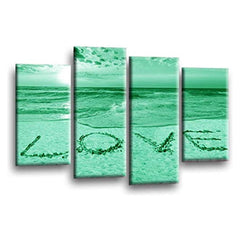 LR Love Beach Wall Art Picture – Grey & Green Sunset Seascape Framed 4 Panel Split Canvas Print | Ready to Hang | Modern Wall Art for Living Room, Bedroom & Office