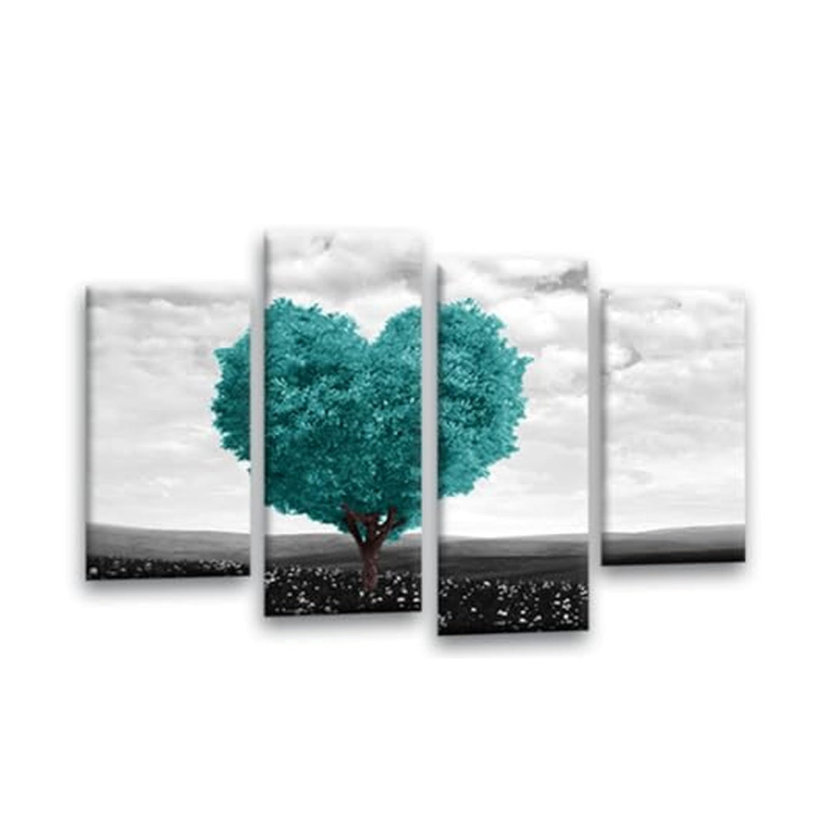 LR Floral Love Heart Wall Art Picture – Grey & Teal Tree Framed 4 Panel Split Canvas Print | Ready to Hang | Modern Wall Art for Living Room, Bedroom & Office