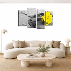 LR Floral Yellow Rose Wall Art Picture – Grey & White Framed 4 Panel Split Canvas Print | Ready to Hang | Modern Wall Art for Living Room, Bedroom & Office