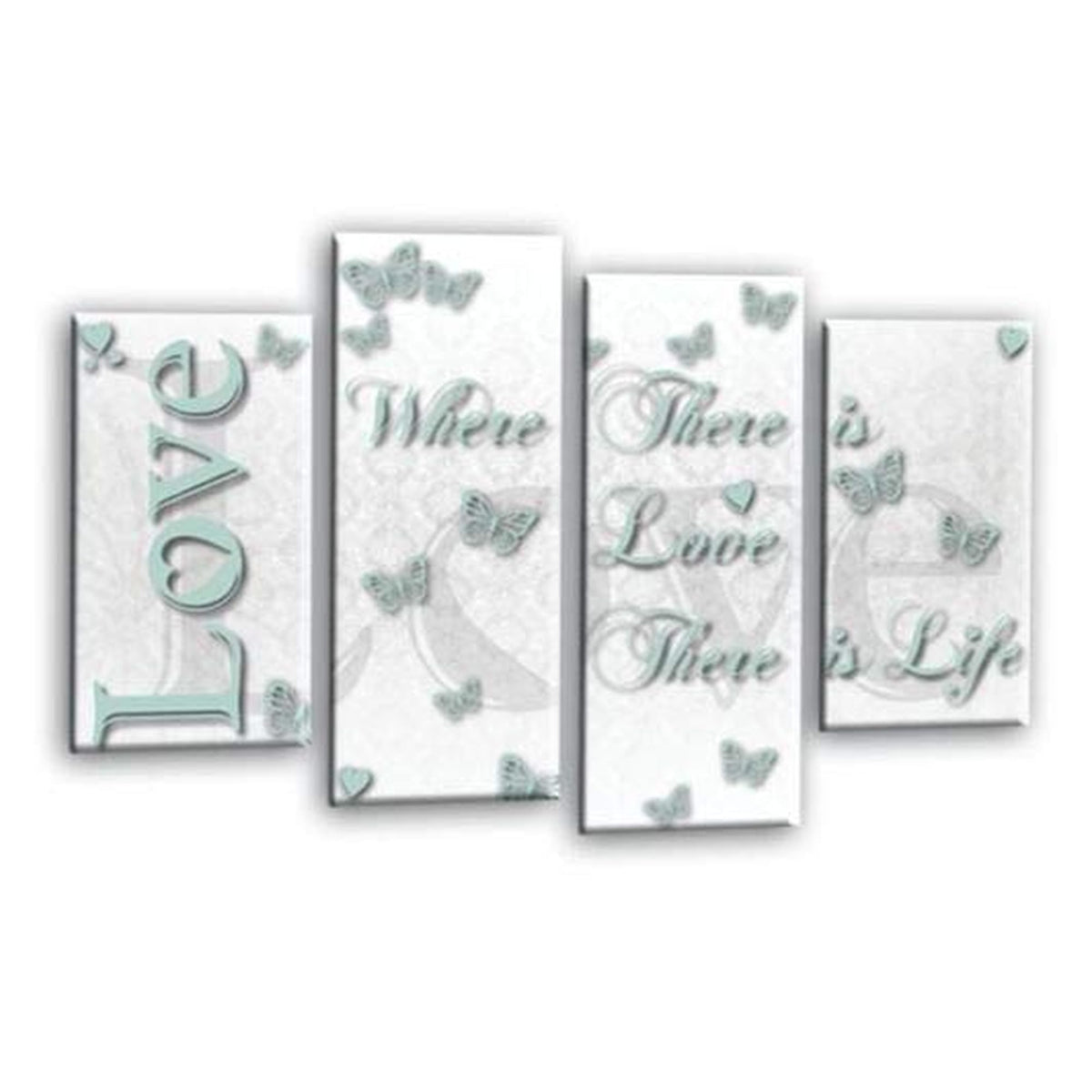 LR Love Wall Art Picture – White & Duck Egg Family Quote Framed 4 Panel Split Canvas Print | Ready to Hang | Modern Wall Art for Living Room, Bedroom & Office