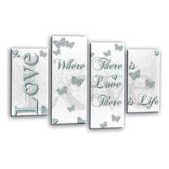 LR Love Wall Art Picture – White & Duck Egg Family Quote Framed 4 Panel Split Canvas Print | Ready to Hang | Modern Wall Art for Living Room, Bedroom & Office