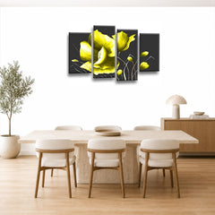 LR Floral Rose Yellow Wall Art Picture Framed 4 Panel Split Canvas Print | Ready to Hang | Modern Wall Art for Living Room, Bedroom & Office
