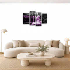 LR Waterfall Wall Art Picture – Purple, Black & White Forest Framed 4 Panel Split Canvas Print | Ready to Hang | Modern Wall Art for Living Room, Bedroom & Office