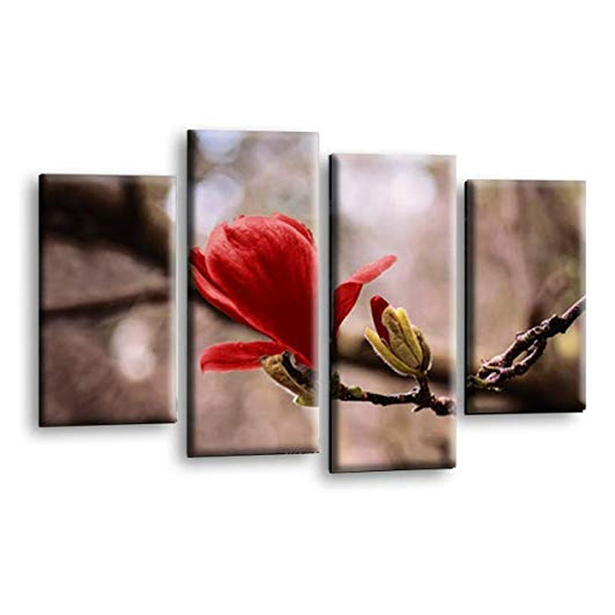 LR Floral Rose Wall Art Picture – Grey & Red Framed 4 Panel Split Canvas Print | Ready to Hang | Modern Wall Art for Living Room, Bedroom & Office