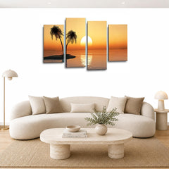 LR Sunset Beach Wall Art Picture – Teal Seascape Framed 4 Panel Split Canvas Print | Ready to Hang | Modern Wall Art for Living Room, Bedroom & Office