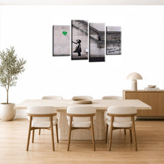 LR Banksy Heart Wall Art Picture – Grey & Green Graffiti Art Framed 4 Panel Split Canvas Print | Ready to Hang | Modern Wall Art for Living Room, Bedroom & Office