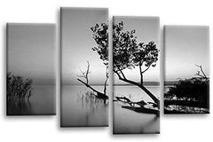 LR Sunset Landscape Lake Wall Art Picture Grey Brown Abstract Floral Framed Split Panel Canvas Print