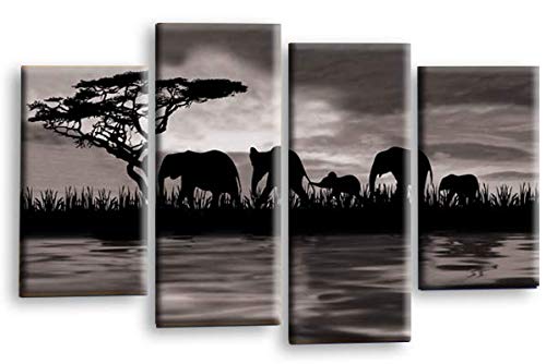 LR Elephant Sunset Wall Art Picture – Grey, Black & White African Framed 4 Panel Split Canvas Print | Ready to Hang | Modern Wall Art for Living Room, Bedroom & Office