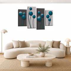 LR Floral Rose Wall Art Picture – Grey & Teal Framed 4 Panel Split Canvas Print | Ready to Hang | Modern Wall Art for Living Room, Bedroom & Office