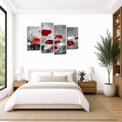 LR Floral Wall Art Picture – Grey & Red Poppy Framed 4 Panel Split Canvas Print | Ready to Hang | Modern Wall Art for Living Room, Bedroom & Office