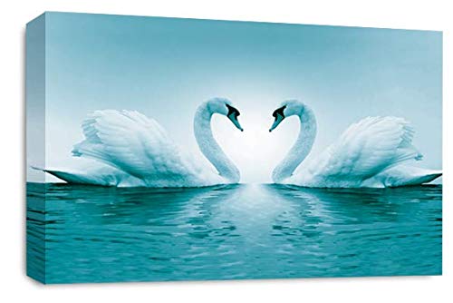Love Heart Swans Wall Art Picture Teal White Kissing Framed Canvas Panel Print Ready to Hang
