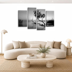 LR Sunset Landscape Lake Wall Art Picture – Grey & Brown Floral Framed 4 Panel Split Canvas Print | Ready to Hang | Modern Wall Art for Living Room, Bedroom & Office