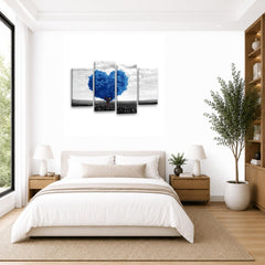 LR Floral Love Heart Wall Art Picture – Grey, Blue & White Tree Framed 4 Panel Split Canvas Print | Ready to Hang | Modern Wall Art for Living Room, Bedroom & Office